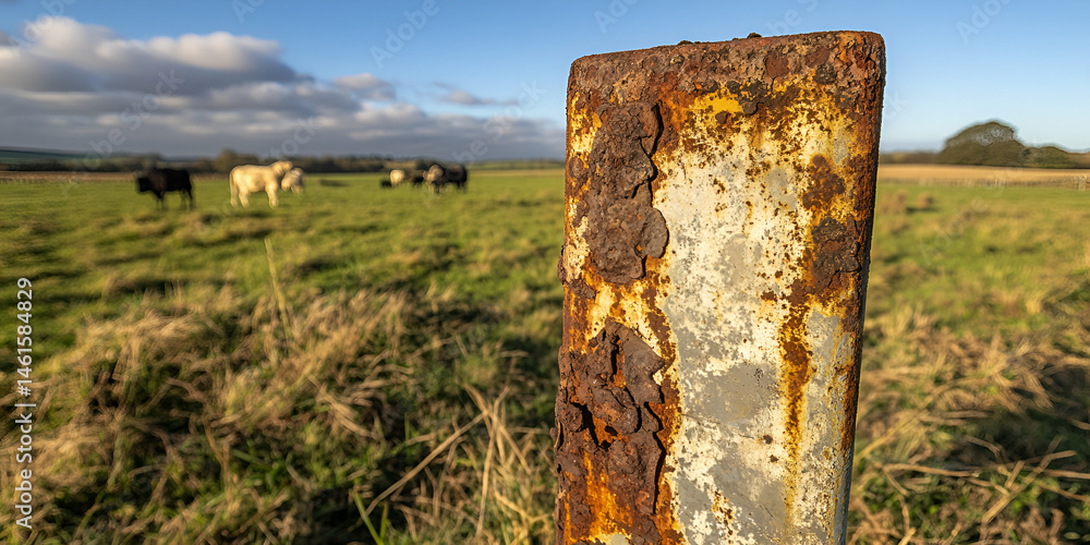 Rusty Fence Post in Open Pasture with Cattle, Transparent Background