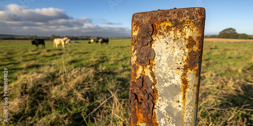 Obraz na płótnie Rusty Fence Post in Open Pasture with Cattle, Transparent Background
w salonie