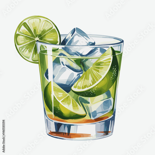 Caipirinha Cocktail with Lime, Ice Cubes and Mint Leaves