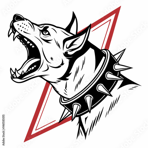 Fierce Dog Head with Spiked Collar Bold Black and White Illustration Red Triangle Background Graphic Design