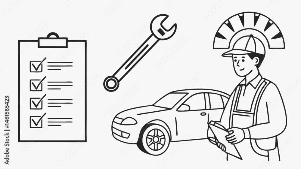 Naklejka premium Auto Mechanic Checklist Car Service Inspection Repair Wrench Speedometer Simple Line Art Illustration