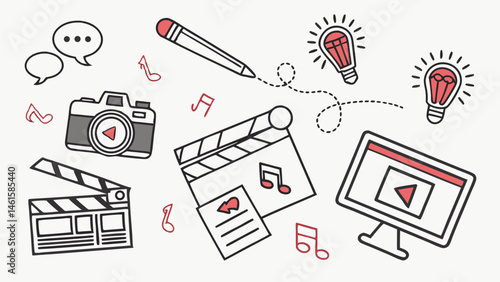 Creative Video Production Process Camera Clapperboard Script Ideas Music and Editing on Computer Screen
