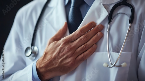 A doctor places a hand over their heart, wearing a white coat and stethoscope, symbolizing dedication and care in the medical profession.