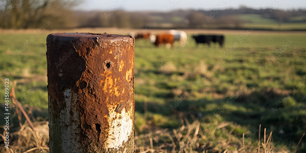Rusty Metal Post in Rural Pasture with Grazing Cows, Transparent Background