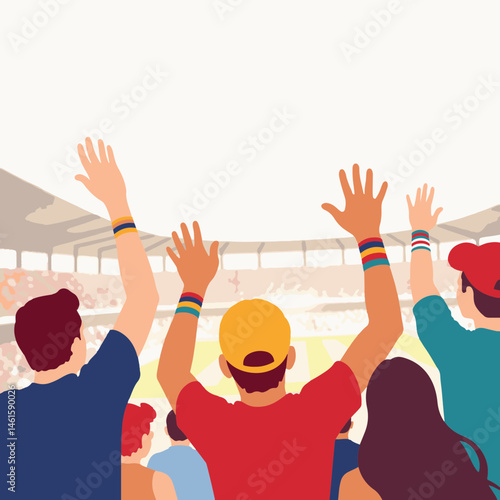 Cricket fans celebrating with raised arms in stadium, vibrant excitement