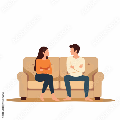 Couple sitting apart on sofa expressing upset emotions, emotional distance