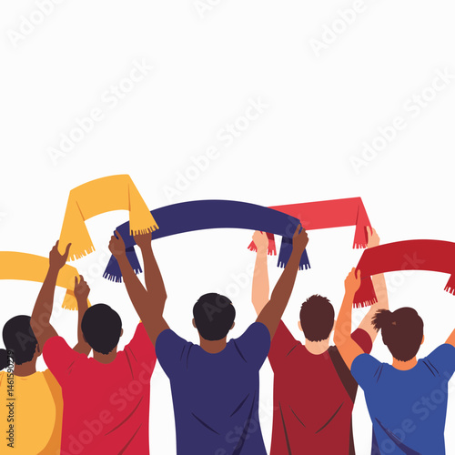 Energetic football fans waving scarves against a white background, celebration