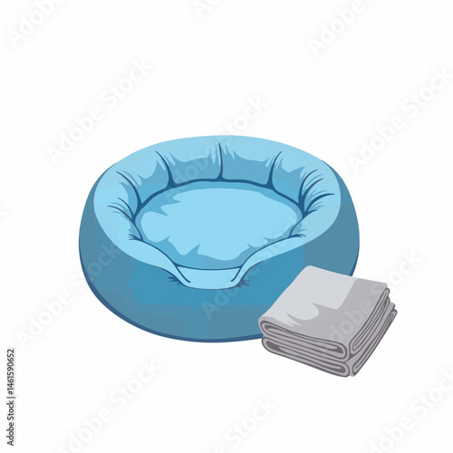 Cozy dog bed with folded blanket on white background, comfort design
