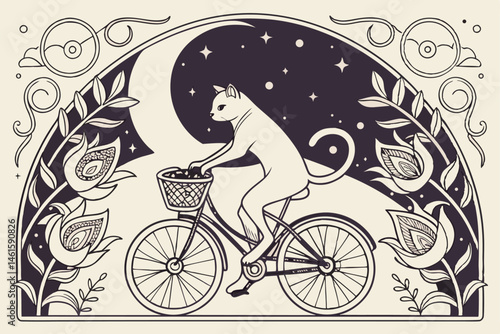 3 Cat riding bicycle, intricate floral patterns, starry night sky, swirling designs, black and white illustration, ornate details, whimsical, fantasy art, decorative cat fur, bicycle with basket, flow