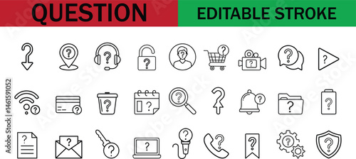  Editable Question Icons – Outline Style Symbols for Help, Support, Info, Queries, Customer Service, FAQ UI, Contact Options, Knowledge Base, and Interactive Digital Interface Designs.