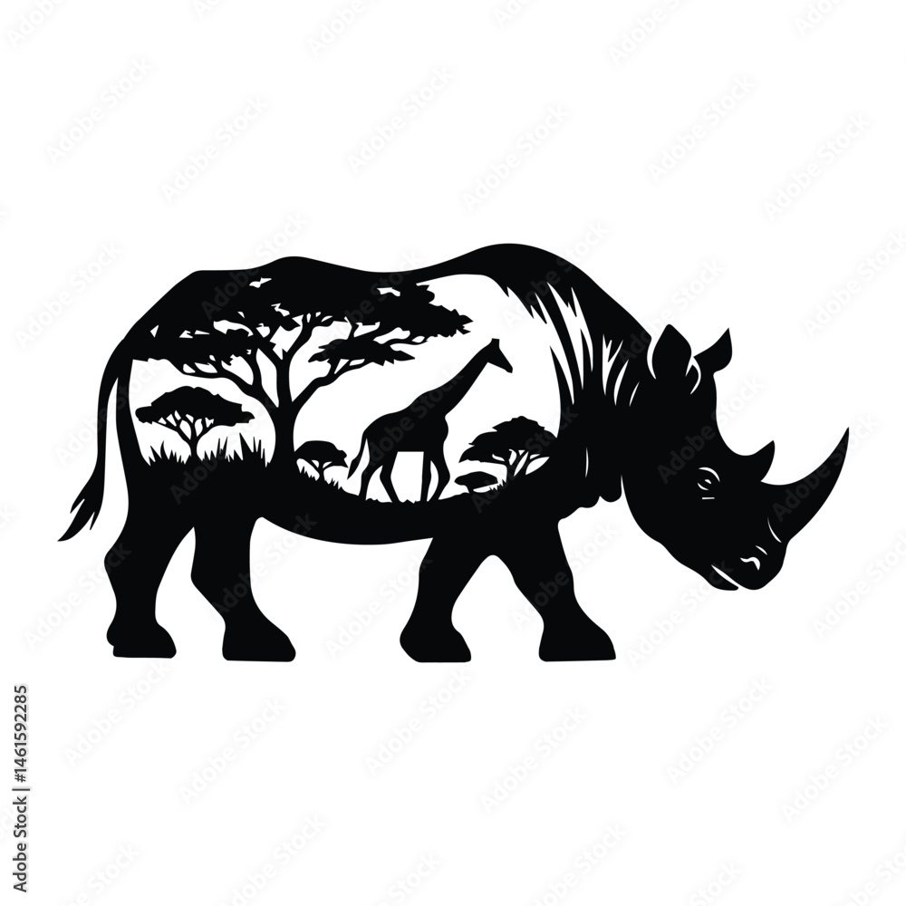 Fototapeta premium Rhino Forest Nature vector, Animal forest scene illustration, Jungle Animals silhouette design 