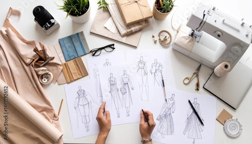 Fashion Design desk with sketch and accessories top view 