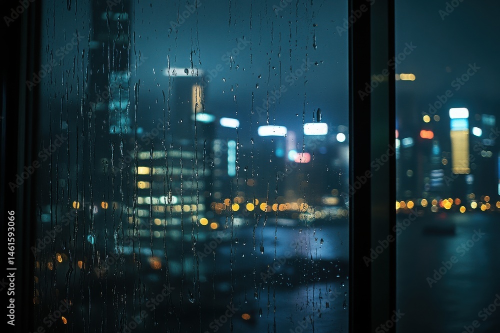 Fototapeta premium Rainy night cityscape view through a window with water droplets on the glass