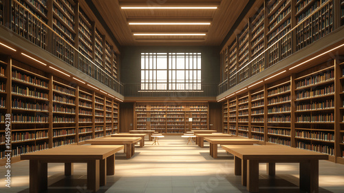 Wallpaper Mural Bright academic library interior with tall wooden bookshelves, large windows, and empty wooden tables. Generative AI Torontodigital.ca