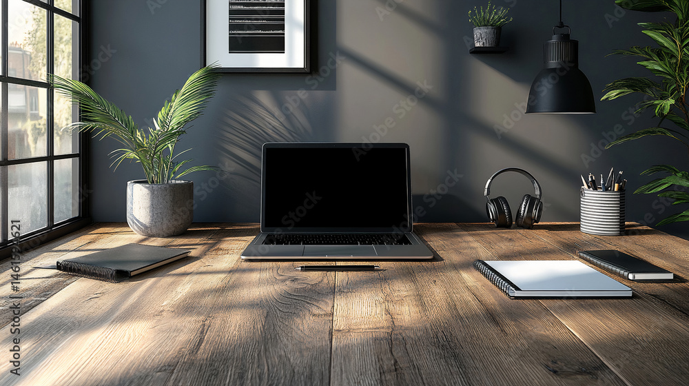 Fototapeta premium Modern workspace with laptop, notebook, and headphones on wooden desk by window, indoor plants and soft lighting. Generative AI