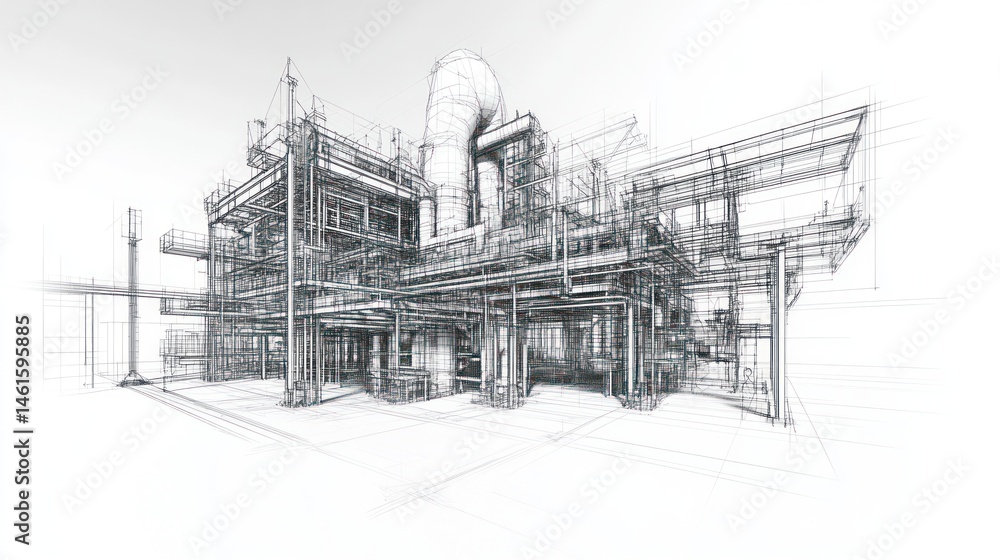 Obraz premium Monochrome sketch of industrial plant's complex infrastructure, showcasing piping, structures, and equipment.