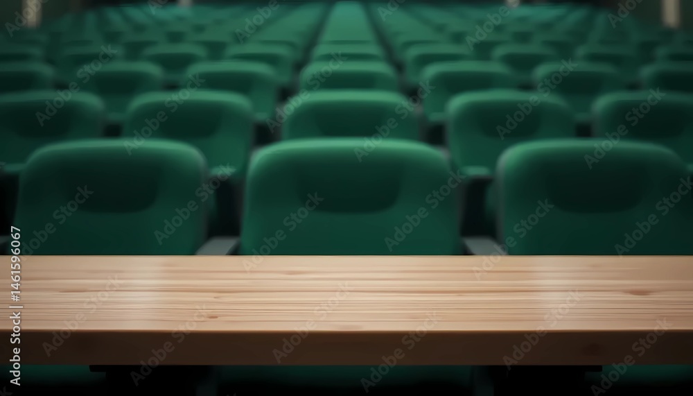 Fototapeta premium Wooden table top with blurred background of movie theater chairs.