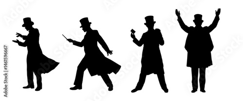 Set of silhouettes of illusionist, magician - vector illustration