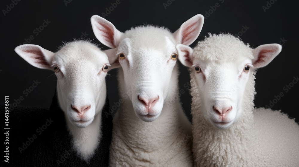Fototapeta premium Three sheep in a row against a dark background, facing the viewer