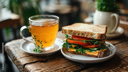 A Delicious Vegetarian Sandwich and Herbal Tea on Rustic Wooden Table