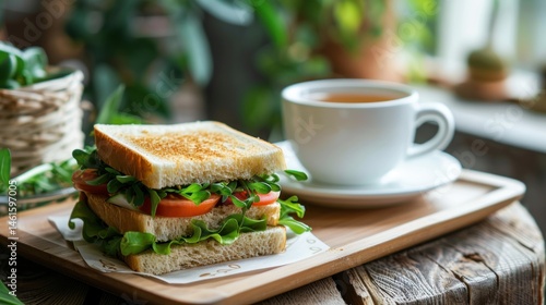 Delicious toasted sandwich with fresh tomato and arugula, served with a cup of tea on a wooden tray. Perfect for a relaxing afternoon.