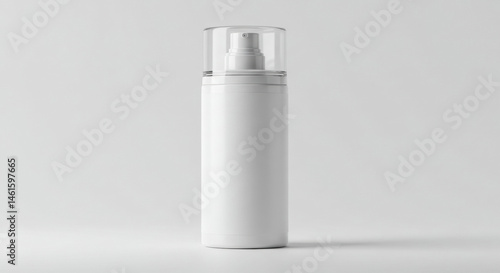 Blank white spray bottle with clear top in a studio setting. Empty product mockup ready for branding and design.