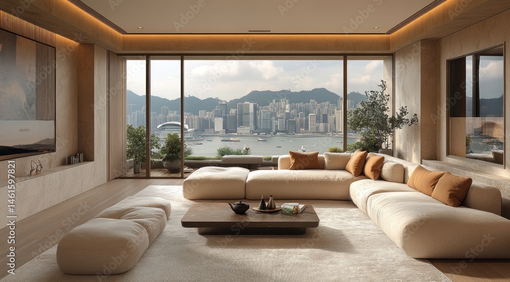 Fototapeta premium Modern living room with panoramic city views.