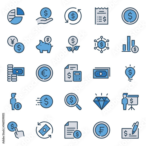 Filled blue outline icons set for Finance investing