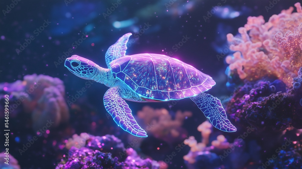 Obraz premium A Neon Sea Turtle Swimming Past Luminous Coral