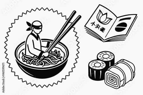22 Black and white illustration, Japanese-inspired icons, ramen bowl with chopsticks, ninja silhouette reading book, lotus flower, sushi roll with chopsticks, simple linework, high contrast, stamp-lik