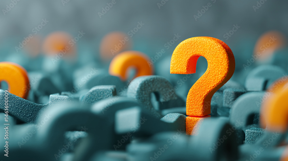 Naklejka premium Orange question mark stands out among teal question marks, symbolizing unique solution or finding answers amidst challenges