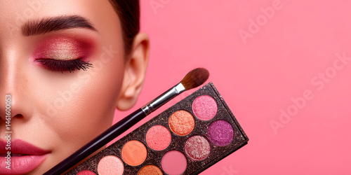 Woman with eyeshadow palette and brush on pink background, closeup. Space for text