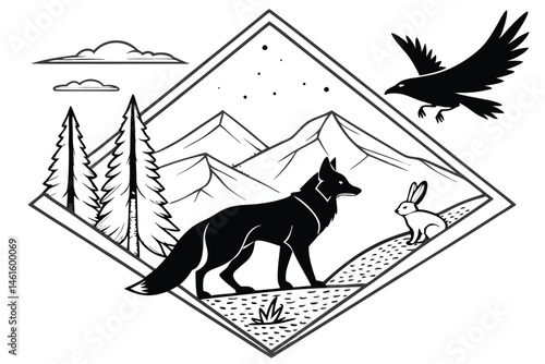 23 Black and white illustration, fox silhouette, double exposure, mountain landscape, flying raven, rabbit silhouette, pointillism technique, surreal wildlife scene, minimalist design, intricate detai