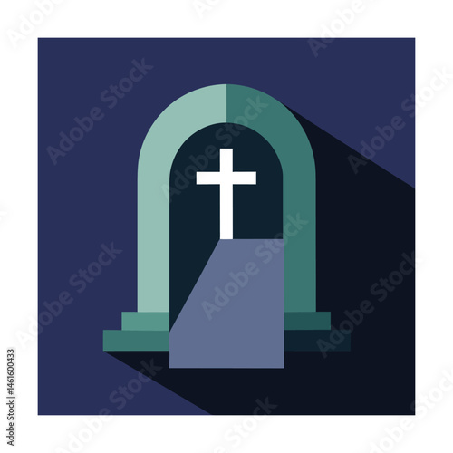Flat design illustration of a gravestone with a christian cross against a dark blue backdrop