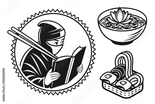 23 Black and white illustration, fox silhouette, double exposure, mountain landscape, flying raven, rabbit silhouette, pointillism technique, surreal wildlife scene, minimalist design, intricate detai