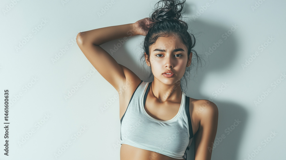 Fototapeta premium Young East Asian Indian woman tired after practicing exercise try to recover. hard run workout. sweaty. success fit sports. flat background. png