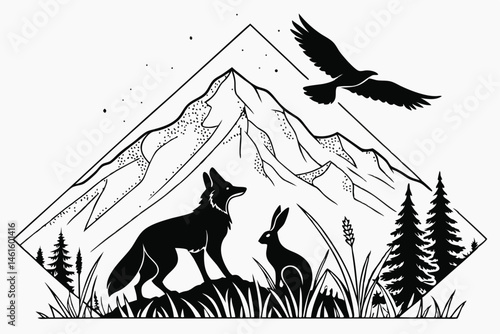 23 Black and white illustration, fox silhouette, double exposure, mountain landscape, flying raven, rabbit silhouette, pointillism technique, surreal wildlife scene, minimalist design, intricate detai