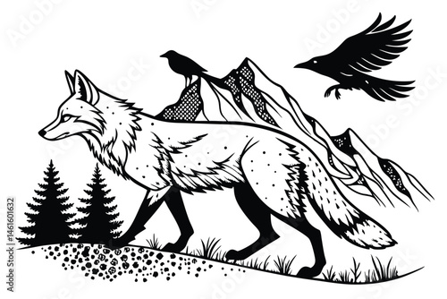 23 Black and white illustration, fox silhouette, double exposure, mountain landscape, flying raven, rabbit silhouette, pointillism technique, surreal wildlife scene, minimalist design, intricate detai