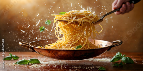 Italian pasta being tossed in a copper pan with parmesan and basil, mid-action shot, warm tones