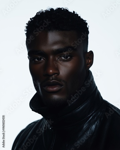 Studio portrait of man in black leather jacket