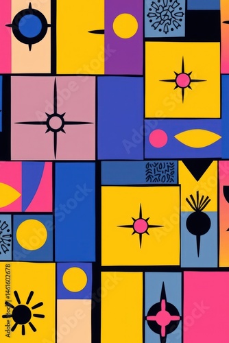 Vibrant geometric abstract art with sun, circle, and star motifs in a multicolored grid