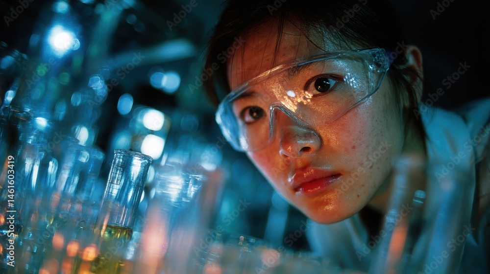 Drug development process: Asian female scientist researching and analyzing biotechnology samples in high-tech lab environment Drug development process: Asian female scientist researching and analyzing biotechnology samples in high-tech lab environment