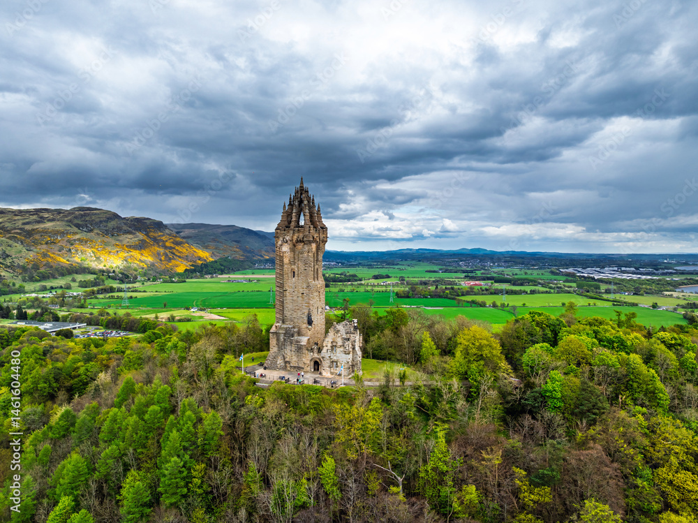 The National Wallace Monument or William Wallance Monument from a drone, Stirling, Scotland, England