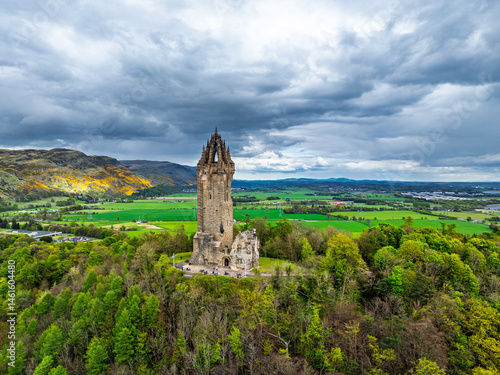 Obraz na płótnie The National Wallace Monument or William Wallance Monument from a drone, Stirling, Scotland, England w salonie