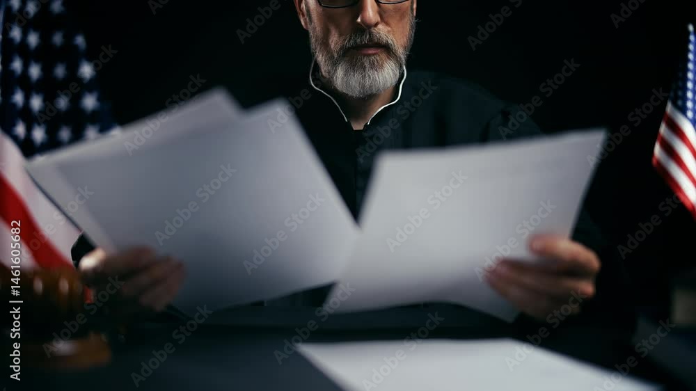 U.S. judge in black robe reading and signing witness list, court proceeding