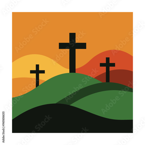 Three crosses silhouetted on hills under an orange and red sunset for easter or religion