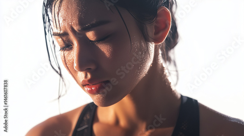 Young East Asian Indian woman tired after practicing exercise try to recover. hard run workout. sweaty. success fit sports. flat background. png