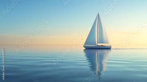 A white sailboat glides peacefully on calm blue water under a clear sky at sunset.