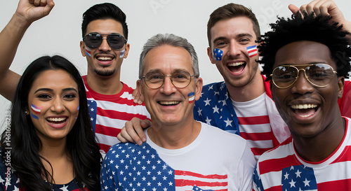 Diverse Group of Happy People Celebrating in Patriotic USA Clothing