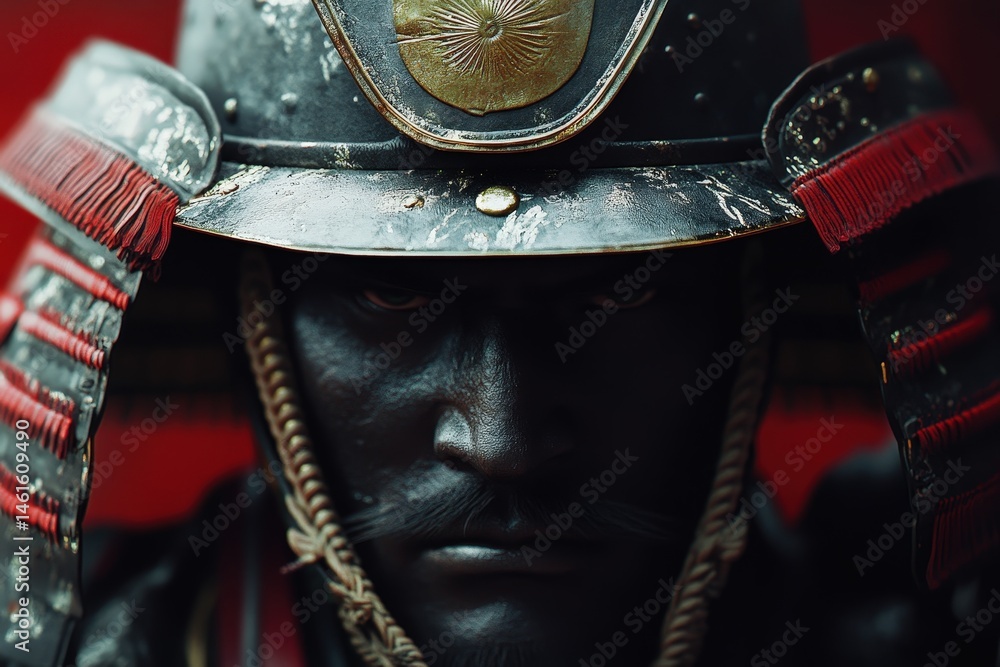 Close-up portrait of a warrior in dark armor and helmet. Close-up portrait of a warrior in dark armor and helmet.